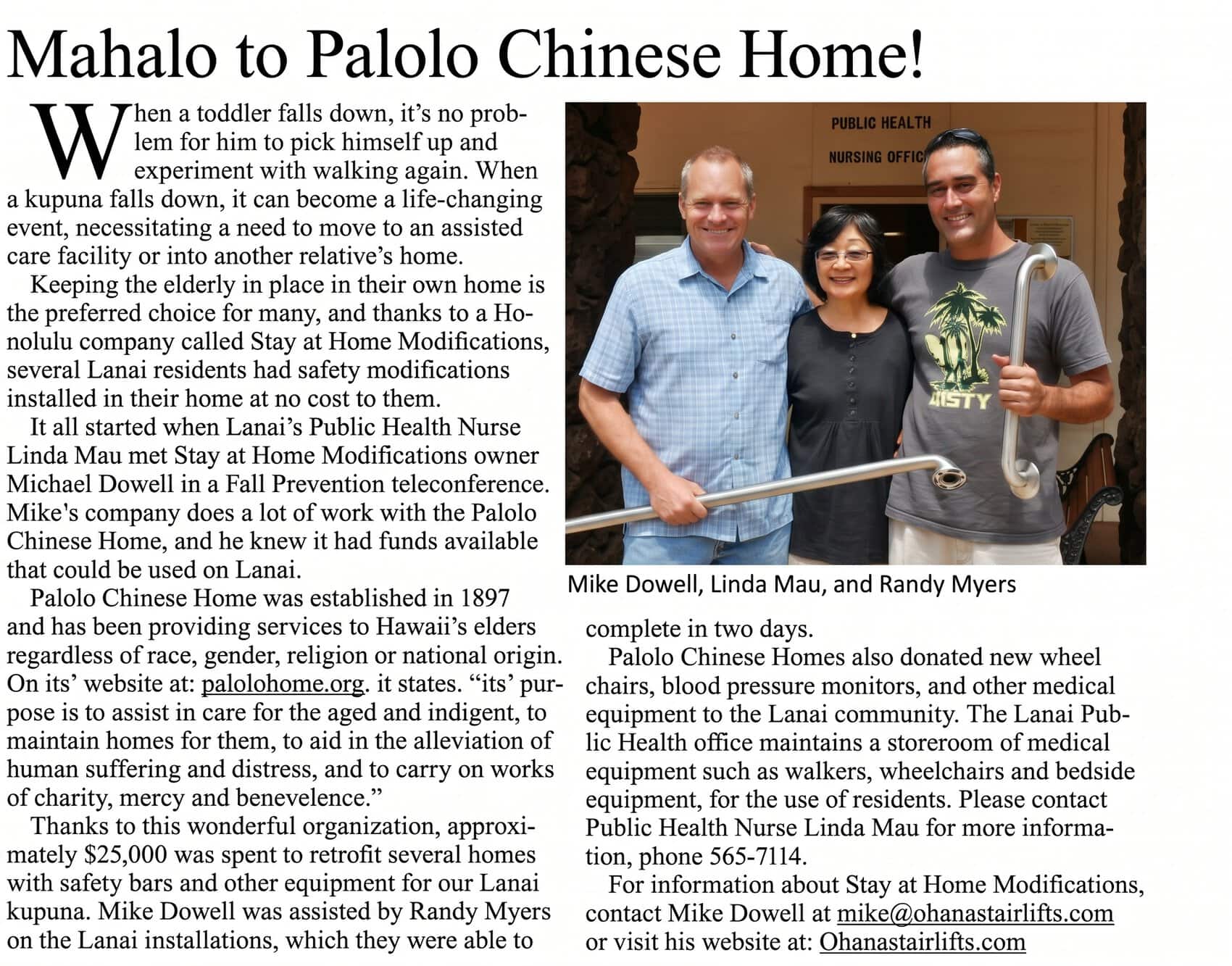 Article about Mike Dowell and Randy Myers installing home safety equipment for Lānaʻi kūpuna, pictured with Linda Mau