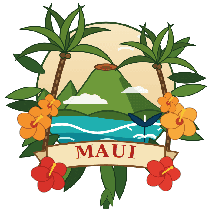 Maui island emblem with tropical flowers and palms