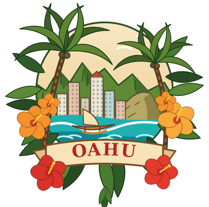 Oʻahu island emblem with tropical flowers and palms